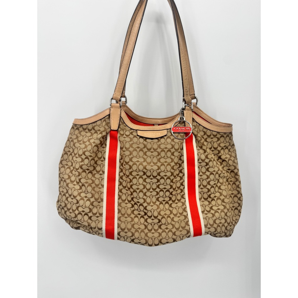 Coach Signature Monogram Tote Women Large Brown Red Stripe Vintage Handbag